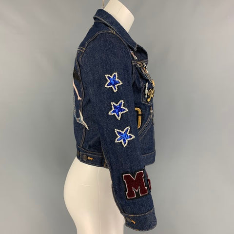 MARC JACOBS Size S Indigo Denim Contrast Stitch Pin Charms Sequin Mermaid Jacket