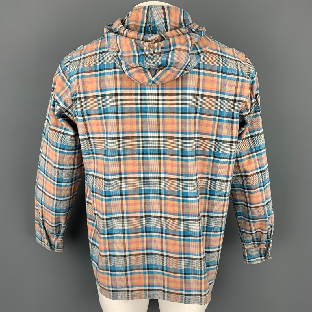ARPENTEUR Size XL Blue & Tan Plaid Cotton Hooded Pop-Over Shirt
