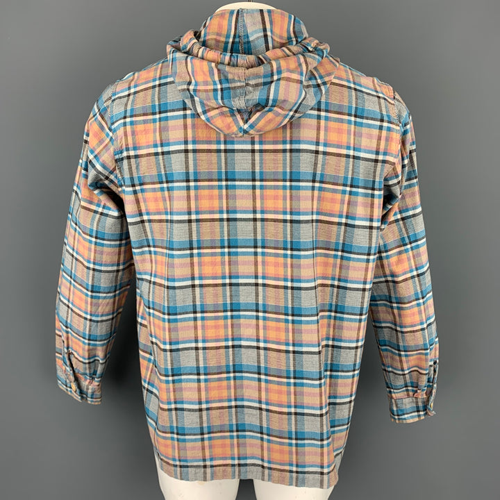 ARPENTEUR Size XL Blue & Tan Plaid Cotton Hooded Pop-Over Shirt