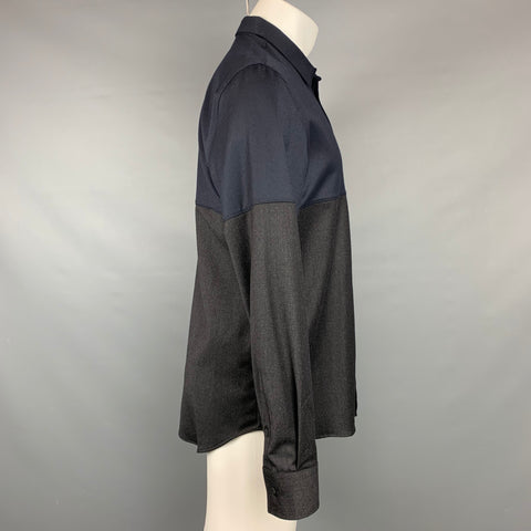 EMPORIO ARMANI Size M Charcoal & Navy Color Block Wool Button Up Long Sleeve Shirt