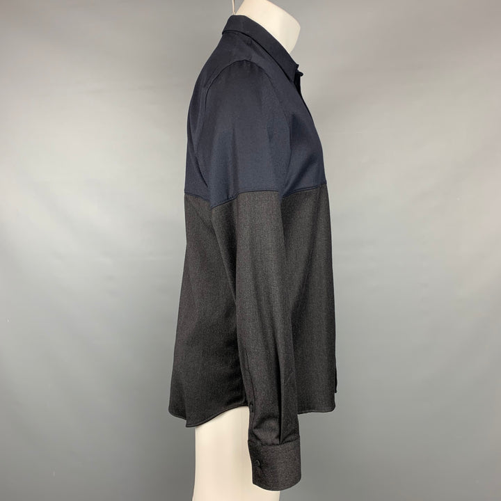 EMPORIO ARMANI Talla M Camisa de manga larga con botones de lana en bloques de color gris carbón y azul marino