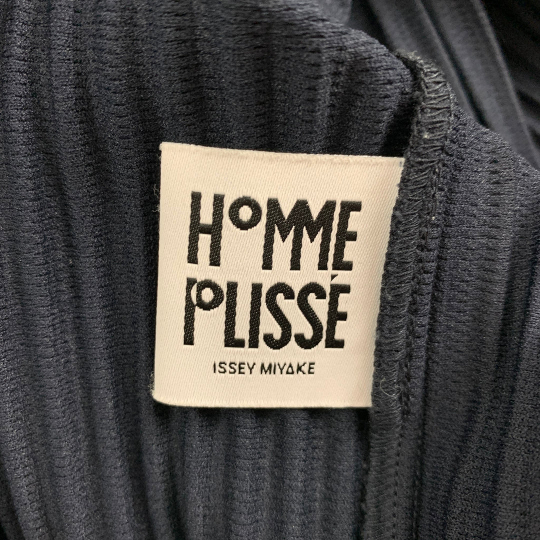 ISSEY MIYAKE HOMME PLISSE Taille XL Chemise à manches courtes en polyester plissé bleu marine