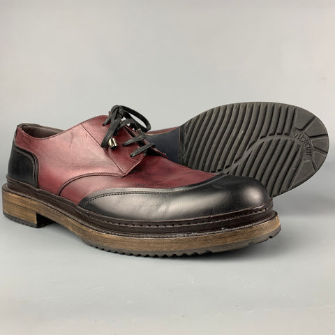 SALVATORE FERRAGAMO Size 9.5 Black & Burgundy Color Block Leather Lace Up Shoes