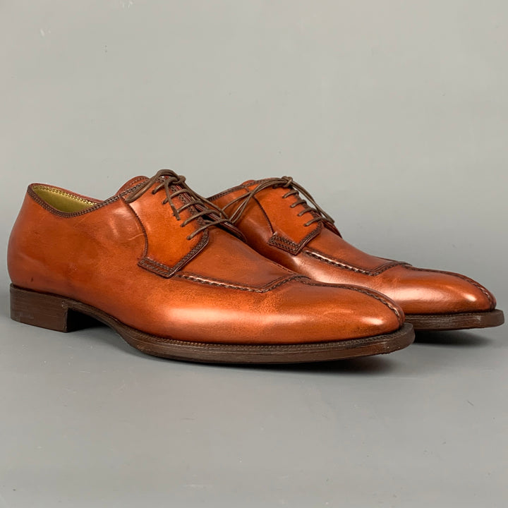 STEFANOBI Size 8 Cognac Contrast Stitch Leather Split Toe Lace Up Shoes