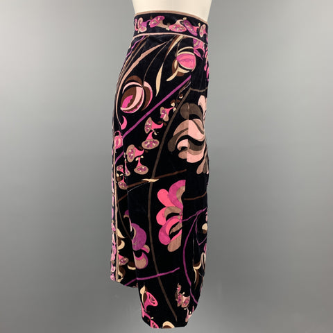 Vintage EMILIO PUCCI Size M Black & Pink Floral Velvet A-Line Skirt