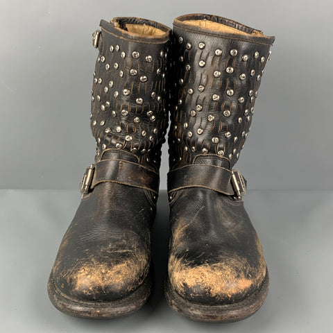 FRYE Size 11 Black Leather Distressed Studded Ankle Boots