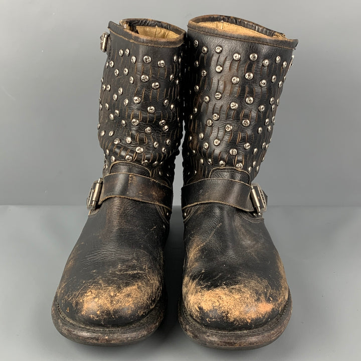 FRYE Size 11 Black Leather Distressed Studded Ankle Boots