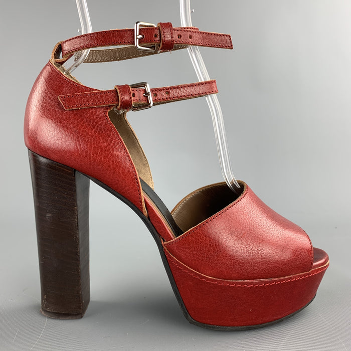 MARNI Size 8 Red Leather Peep Toe Double Strap Pumps