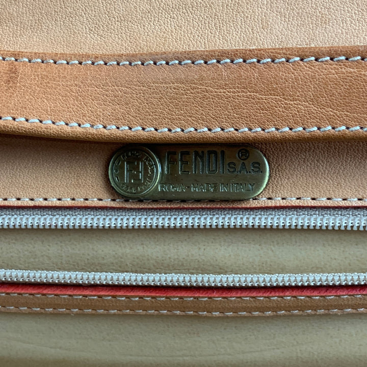 FENDI Tan Contrast Stitch Leather Briefcase Bag