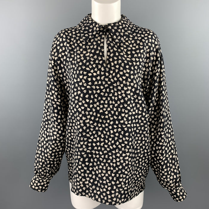 SALVATORE FERRAGAMO Size 10 Black & White Abstract Silk V-Neck Blouse