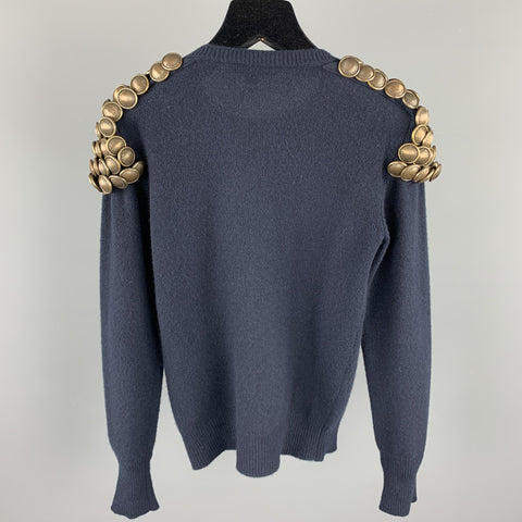 BURBERRY PRORSUM Fall 2010 Size XS Navy Knitted Wool Gold Button Epaulettes Crew-Neck Sweater