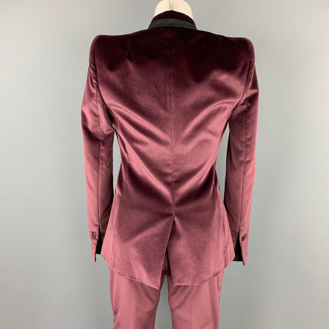 JUST CAVALLI Size 4 Burgundy & Black Velvet Pants Tuxedo Suit