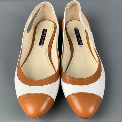 RALPH LAUREN Size 8 Tan White Leather Cap Toe Flats