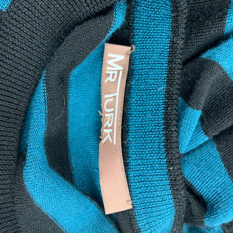 MR TURK Size L Teal Black Stripe Merino Wool Crew-Neck Pullover