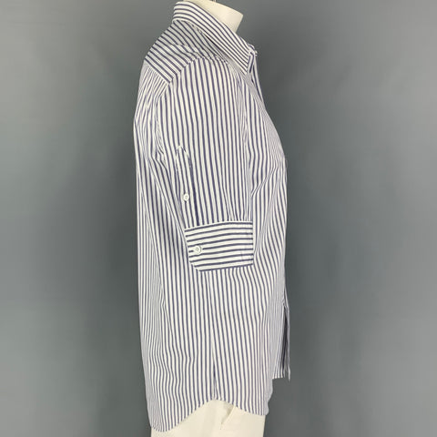 LOUIS VUITTON Size L White Navy Stripe Cotton Button Up Short Sleeve Shirt
