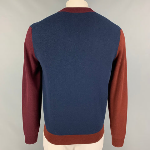 PAUL SMITH Size M Navy Burgundy Color Block Merino Wool Crew-Neck Sweater