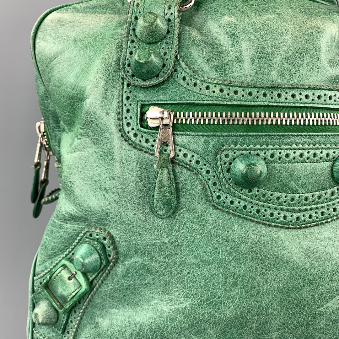 BALENCIAGA Distressed Green Leather Top Handles Handbag