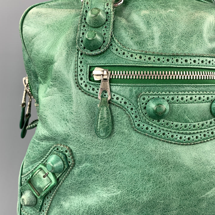 BALENCIAGA Distressed Green Leather Top Handles Handbag