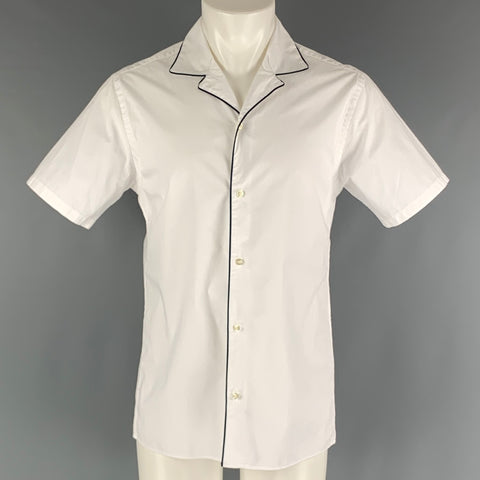 OFFICINE GENERALE Size M White Navy Solid Cotton Camp Short Sleeve Shirt