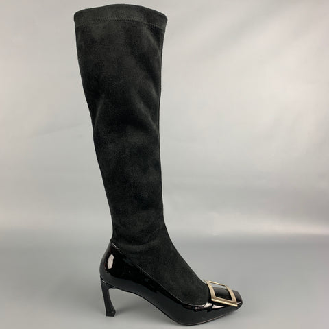 ROGER VIVIER Talla 6 Botas de tacón curvo de charol en dos tonos de ante negro