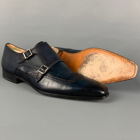 MAGNANNI Size 11 Dark Navy Textured Leather Double Monk Strap Loafers
