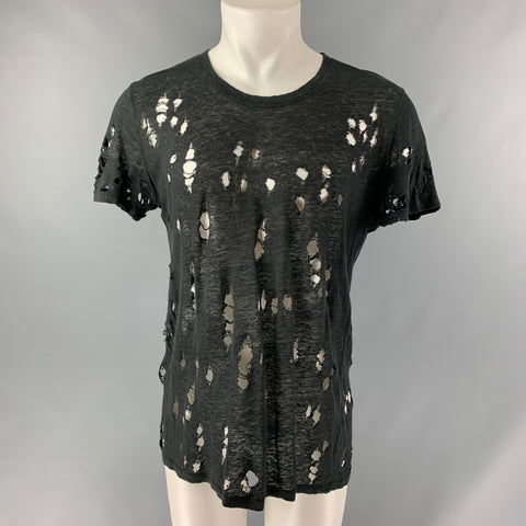 IRO Size S Black Distressed Linen Crew-Neck T-shirt