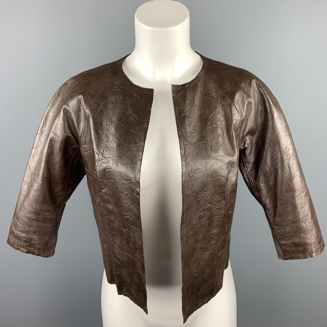 CHAIKEN Size S Brown Floral Embossed Leather Open Front Jacket