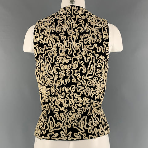 DONNA KARAN Size 6 Black Cream Wool Embroidered V-Neck Vest