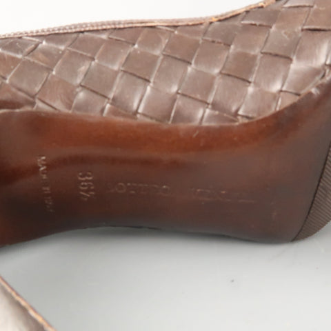 BOTTEGA VENETA Talla 6.5 Zapatos de tacón peep toe de cuero Intrecciato tejido marrón 