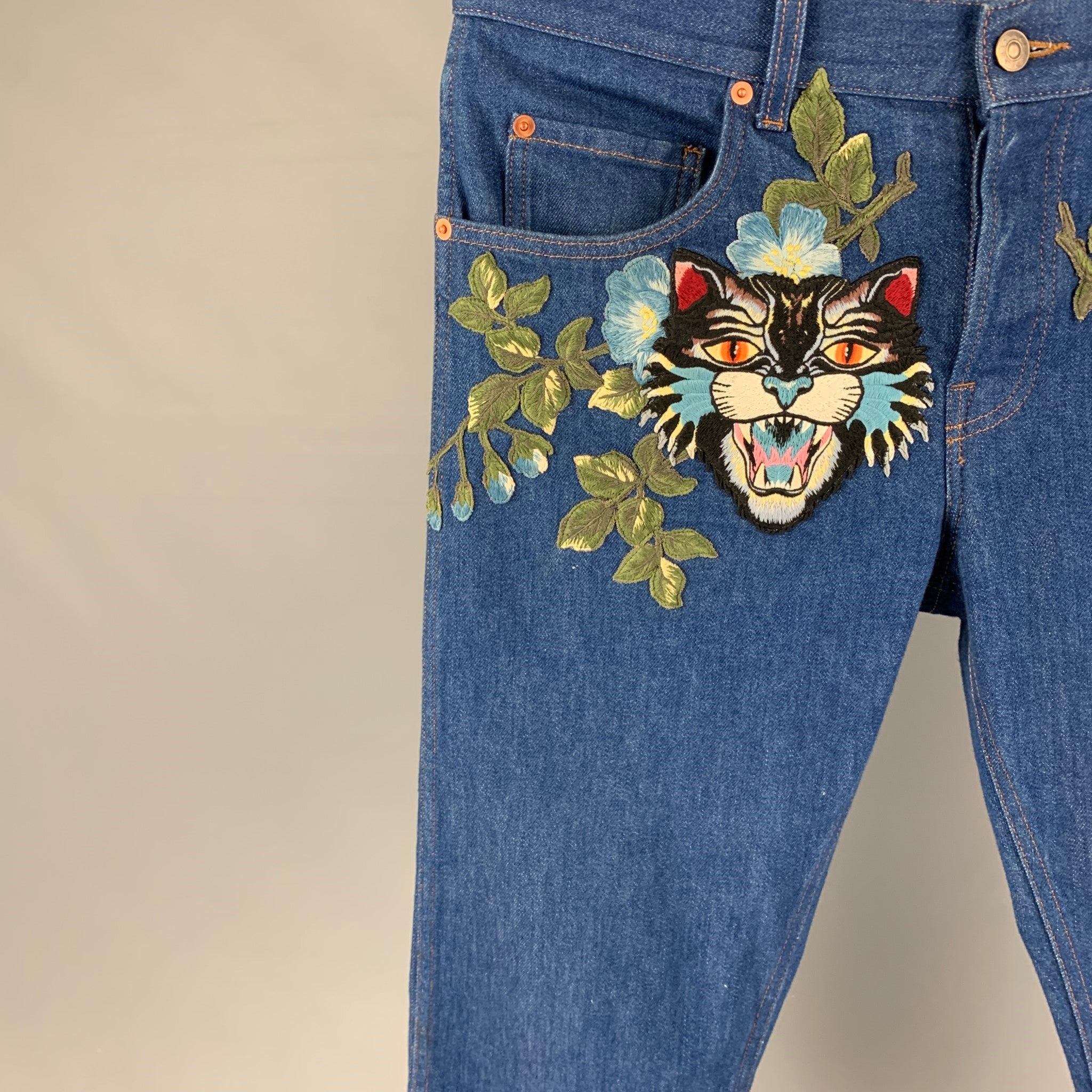 GUCCI Size 34 Blue Multi-Color Embroidery Denim Straight Jeans