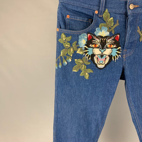 GUCCI Talla 34 Vaqueros rectos de mezclilla con bordado multicolor azul