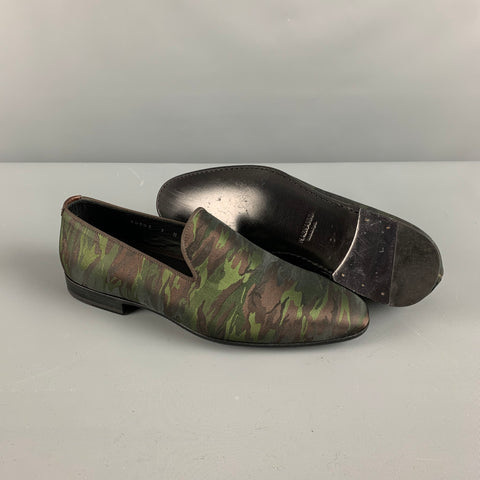 MAGNANNI Size 8 Olive Brown Camouflage Silk Slip On Loafers