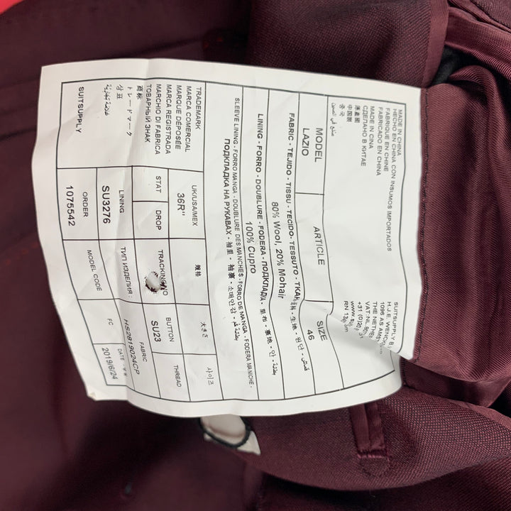 SUIT SUPPLY Size 36 Burgundy Wool Mohair Notch Lapel Suit