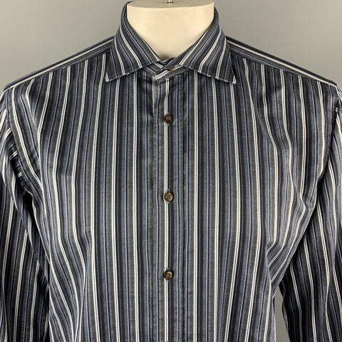 ETRO Size L Grey & Blue Stripe Cotton Long Sleeve Shirt