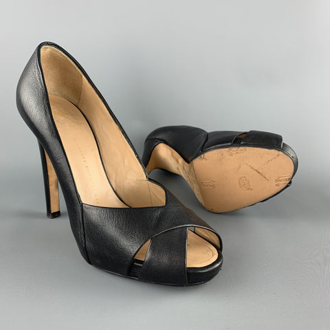 GIUSEPPE ZANOTTI Size 7.5 Black Leather Peep Toe Cutout Pumps