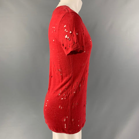 IRO Size XS Burgundy Distressed Linen Crew-Neck T-shirt