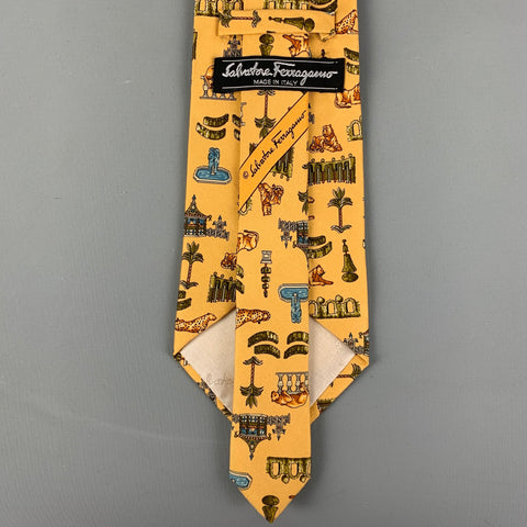 SALVATORE FERRAGAMO Yellow Multicolour Tapestry Silk Tie