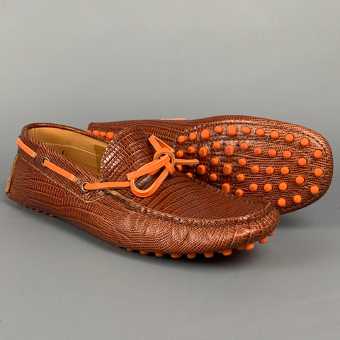 ETRO Size 8 Cognac Embossed Leather Drivers Loafers