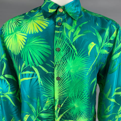 VERSUS by GIANNI VERSACE Size 36 Blue Green Leaves Silk Long Sleeve Shirt