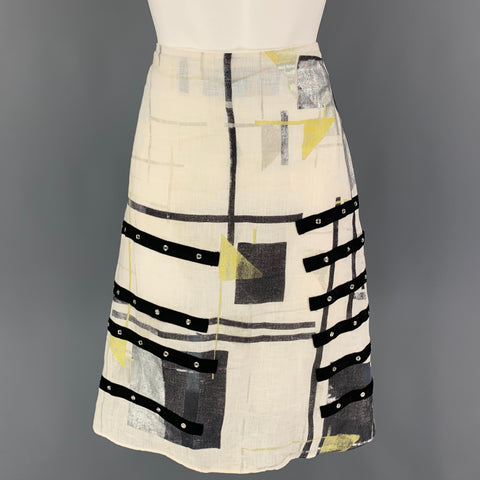 HUGO by HUGO BOSS Size 2 White Black Yellow Linen Ribbon A-Line Below Knee Skirt