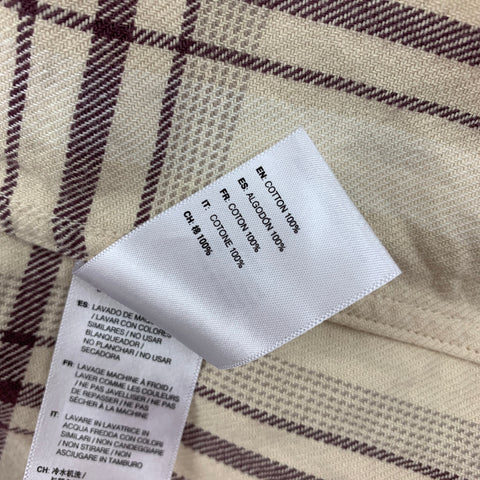 JOHN ELLIOTT Size L Beige Burgundy Plaid Cotton Cropped Long Sleeve Shirt