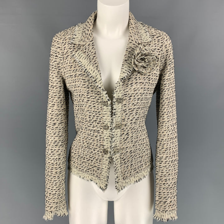 CHANEL Size 6 Cream & Black Boucle Cotton Blend Jacket