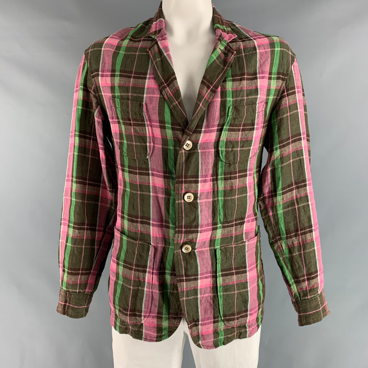 R13 Size L Pink Olive & Brown Plaid Linen Notch Lapel Jacket