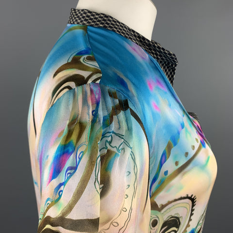 ETRO Size 12 Blue Paisley Print Silk Chiffon Blouse