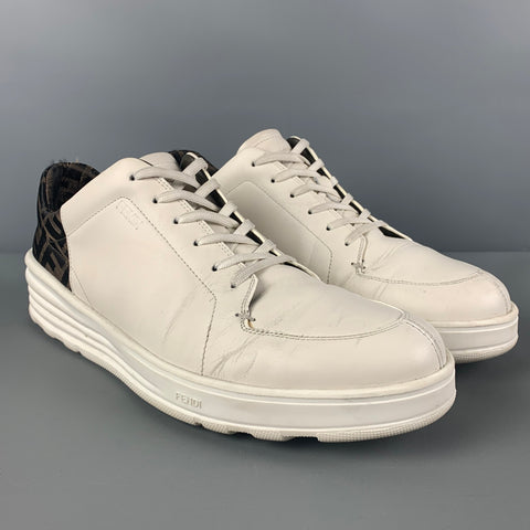 FENDI Size 12 White Brown Logo Leather Lace Up Sneakers