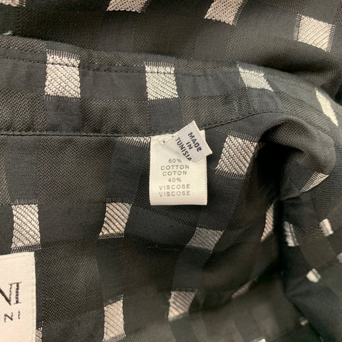 ARMANI COLLEZIONI Size XL Black & Silver Checkered Cotton / Viscose Nehru Collar Long Sleeve Shirt