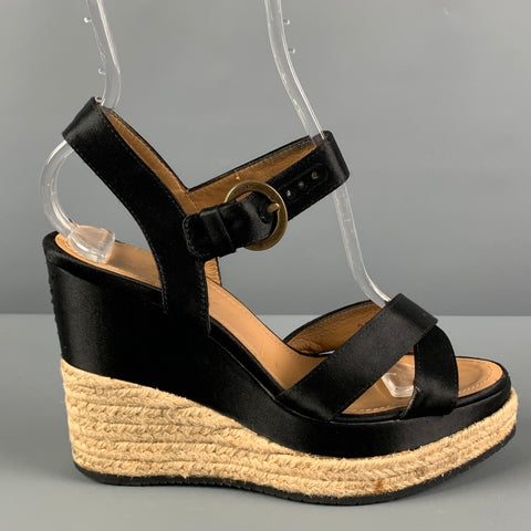 HOGAN Talla 6.5 Sandalias de cuña de alpargata de tela negra y beige