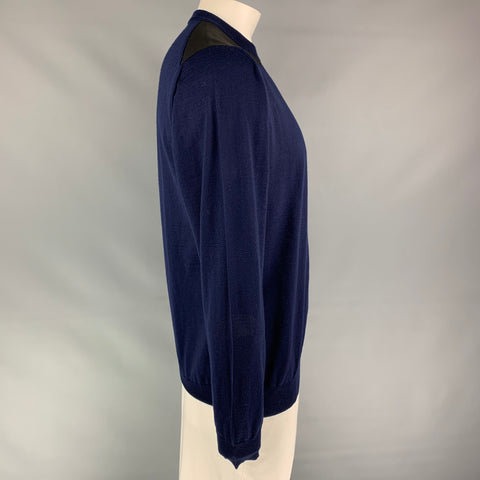 LANVIN Size XXL Navy Knitted Wool Crew-Neck Pullover