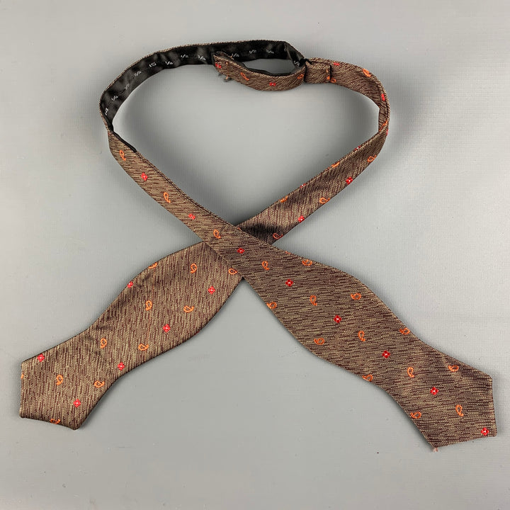 VINTAGE Brown Orange Print Silk Adjustable Bow Tie