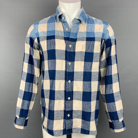 TS (S) Talla M Camisa Manga Larga Algodón/Lino Cuadros Azul &amp; Crema